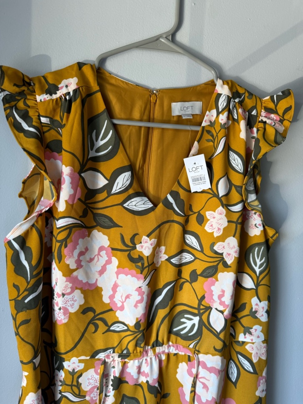 NEW Loft Floral V-Neck Drawstring Dress Yellow Pink Green Print Size L - Picture 8 of 9